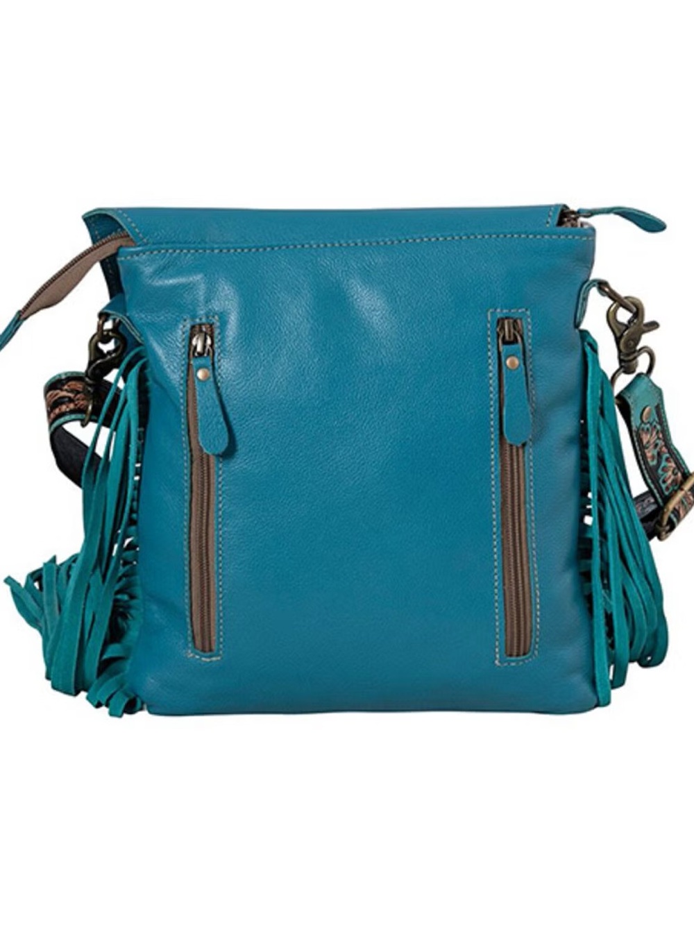 Myra Bag Teal and Brown Tooled Leather Crossbody with Fringe - Picture 2 of 2